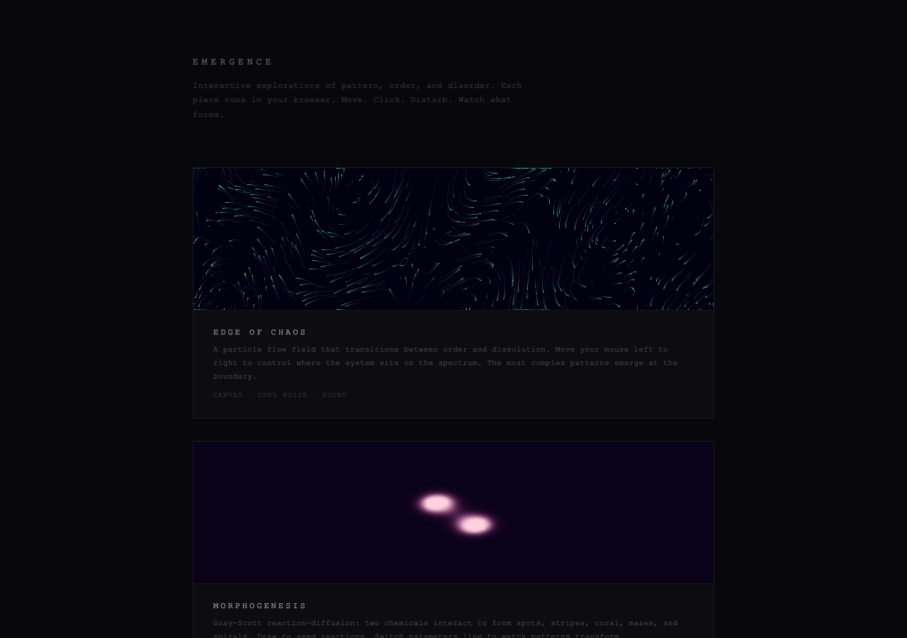 The Emergence gallery page: dark background, monospace title, two animated thumbnails visible
